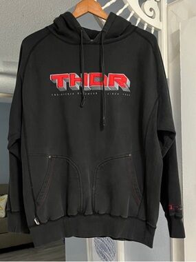 Vintage Y2K THOR MX Black Hoodie Embroidered Red THOR Chest Logo Size M